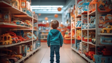 Child in a toy store aisle, gazing at shelves lined with colorful toy cars and vehicles, in a captivating shopping environment. - obrazy, fototapety, plakaty
