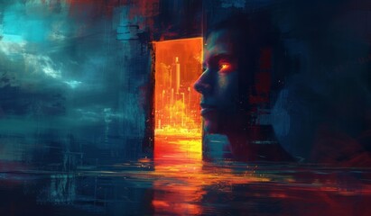 An abstract of a man's face is seen through the door of an open cityscape, featuring concept art, a full body, backlight, epic landscapes, and dramatic skies.
