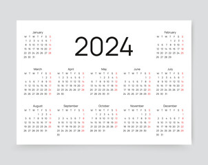 Calendar for 2024 year. Yearly calender template. Week starts Monday. Grid organizer with 12 months. Calendar layout in minimal horizontal design. Landscape orientation, English. Vector illustration. 