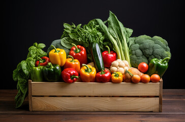Wooden crate of farm fresh vegetables with cauliflower, tomatoes, zucchini, turnips and colorful sweet bell peppers on a wooden table