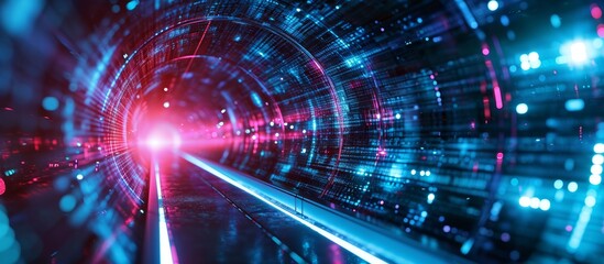 A violet automotive lighting is shining at the end of the tunnel, creating an entertaining magenta glow in the space