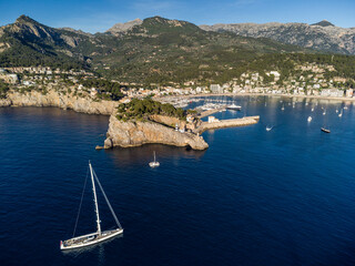Fototapeta premium ship entering Soller port, Mallorca, Balearic Islands, Spain