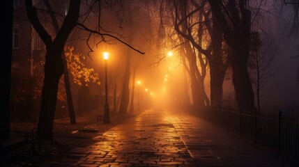  a foggy street at night with a street light in the foreground and trees on the other side of the street.