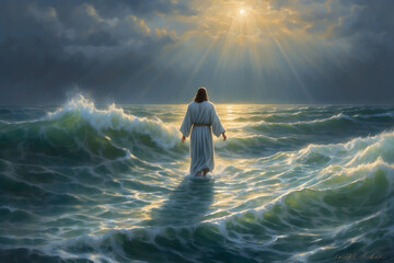 A concept of Jesus walks on water and calms the sea - obrazy, fototapety, plakaty