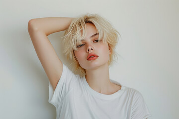 A woman with short hair is posing in a white t-shirt, featuring a wavy, intricate texture, textural sensations, and quadratura.