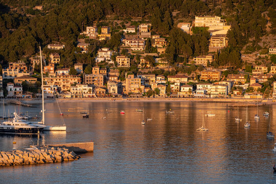 anchored boats at the sunset, Soller port, Mallorca, Balearic Islands, Spain