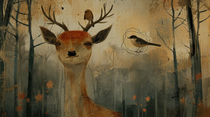 a painting of a deer with a bird on it's head and a bird sitting on the back of it's head.