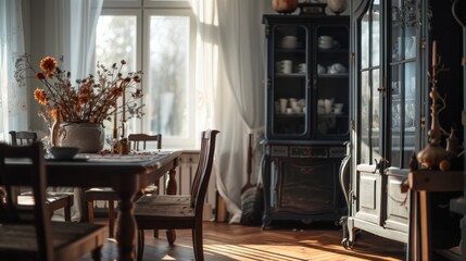  a dining room table with a vase of flowers on top of it and a china cabinet in front of it.