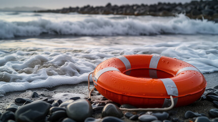 Naklejka premium Lifebuoy on pebbly beach with foamy waves.