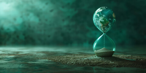 A global warming hourglass with earth sitting in it, featuring photorealistic surrealism, lively movement portrayal, and surrealist realism in dark turquoise and light beige.