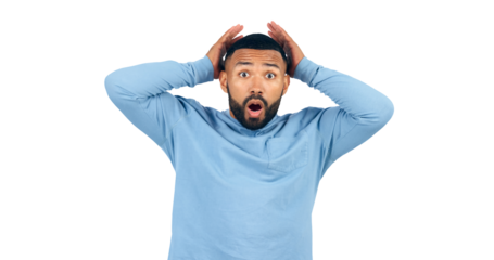 News, announcement and man with surprise in portrait with drama in transparent, isolated or png background. Wow, emoji and shocked person with secret or hearing crazy gossip, information or story