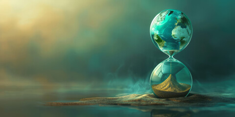 A global warming hourglass with earth sitting in it, featuring photorealistic surrealism, lively movement portrayal, and surrealist realism in dark turquoise and light beige.