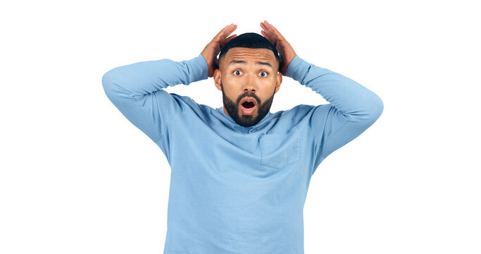 News, announcement and man with surprise in portrait with drama in transparent, isolated or png background. Wow, emoji and shocked person with secret or hearing crazy gossip, information or story