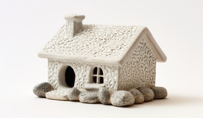 A ceramic miniature house in white, featuring delicate pointillism, a soft atmospheric perspective, a grid, and urban landscape scenes.