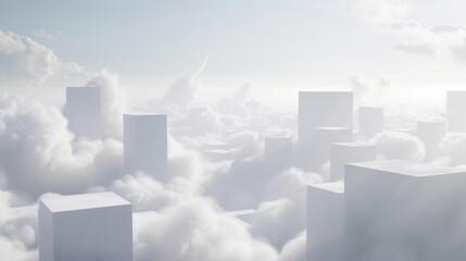 One of the cubes is situated in a city covered with clouds, as part of minimalist stage designs, viewed from a high-angle, with dusty piles and ethereal abstractions on a white background. - obrazy, fototapety, plakaty