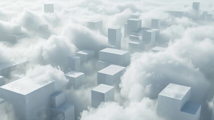 One of the cubes is situated in a city covered with clouds, as part of minimalist stage designs, viewed from a high-angle, with dusty piles and ethereal abstractions on a white background.
