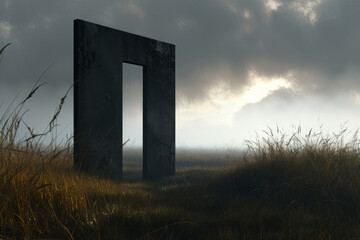 An open door in the field, featuring surrealistic elements, a moody atmosphere, realistic chiaroscuro, and hyper-realistic atmospheres. - obrazy, fototapety, plakaty