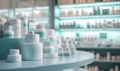 Foto op Plexiglas A pharmacy concept is presented with creams and medicine, featuring blurred landscapes, indoor still life, and ray tracing in light sky-blue and gray. © Duka Mer