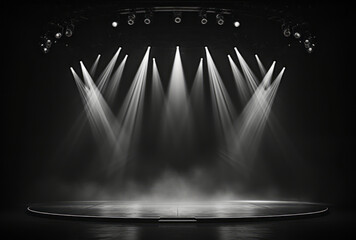 A photo of a light stage is presented, showing spotlights, photorealistic compositions, grandeur of scale, a contest winner, and monochromatic imagery in dark gray and black. - obrazy, fototapety, plakaty