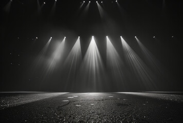 A photo of a light stage showing spotlights is presented, featuring photorealistic compositions, grandeur of scale, a contest winner, and monochromatic imagery in dark gray and black.