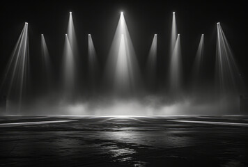 A photo of a light stage is presented, showing spotlights, photorealistic compositions, grandeur of scale, a contest winner, and monochromatic imagery in dark gray and black. - obrazy, fototapety, plakaty