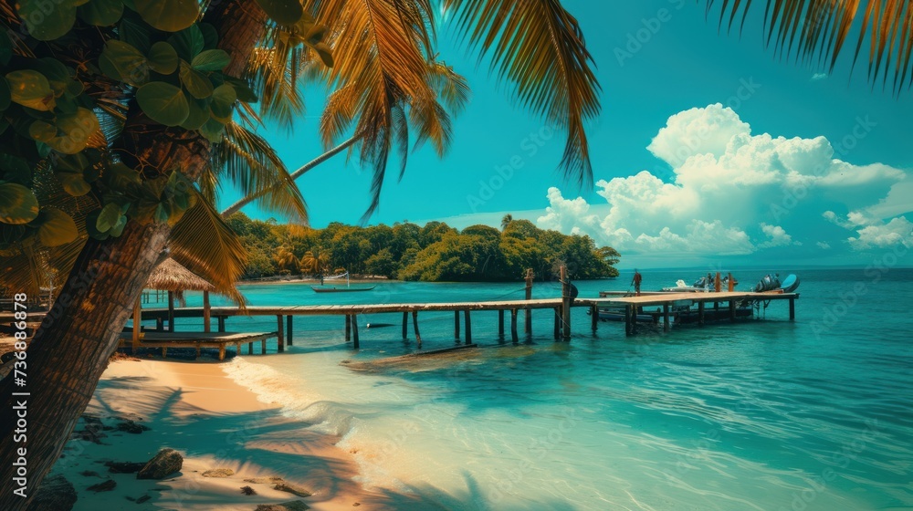 Sticker a couple of people standing on a pier over a body of water with a boat in the water and a palm tree 