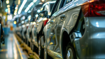 Row of cars in production line at factory.