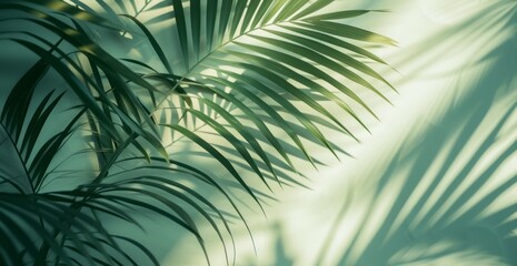 A shadow is cast on a wall by palm leaves, featuring a motion blur panorama, minimalist still life, minimalist and abstract shapes, and a matte background in light emerald and light beige. - obrazy, fototapety, plakaty