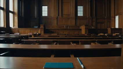 Empty wood interior courtroom without any text