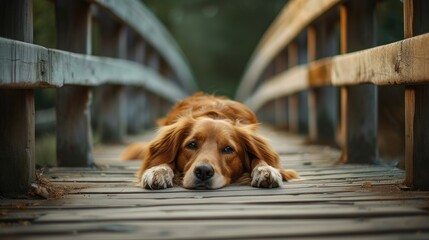  a close up of a dog laying on a bridge with its head on it's paws and it's paws resting on the ground. - obrazy, fototapety, plakaty