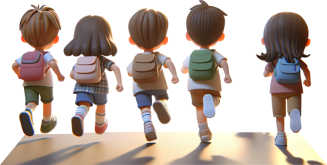 children running happily together down a street. They are viewed from behind and are carrying backpacks.