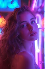Portrait of a young girl bathed in the ethereal glow of neon lights at night, creating a captivating and dreamy atmosphere.