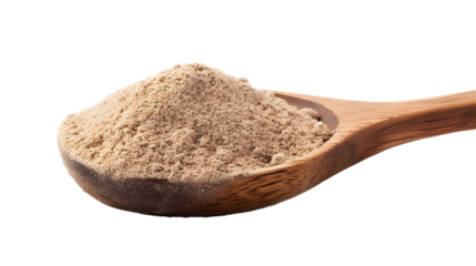 Shiitake mushroom powder (Sh), pile in wooden spoon isolated on white, side view