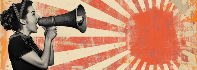 Retro-inspired graphic of a woman speaking into a megaphone against a radiant striped backdrop, symbolic of powerful communication.