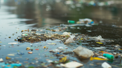 Polluted water with floating trash and debris.