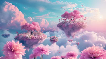 Cercles muraux Rose clair Floating pink cherry blossom islands among clouds in fantasy sky. Dreamy landscape.