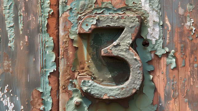 Aged number three on peeling painted surface.