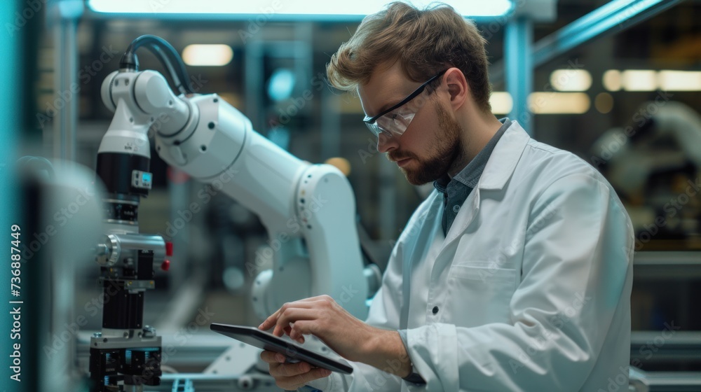 Aufkleber an engineer uses a digital tablet to control a robotic arm in a high-tech industrial environment.