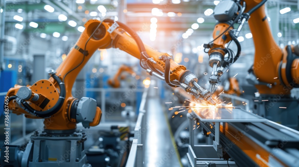 Aufkleber an engineer uses a digital tablet to control a robotic arm in a high-tech industrial environment.