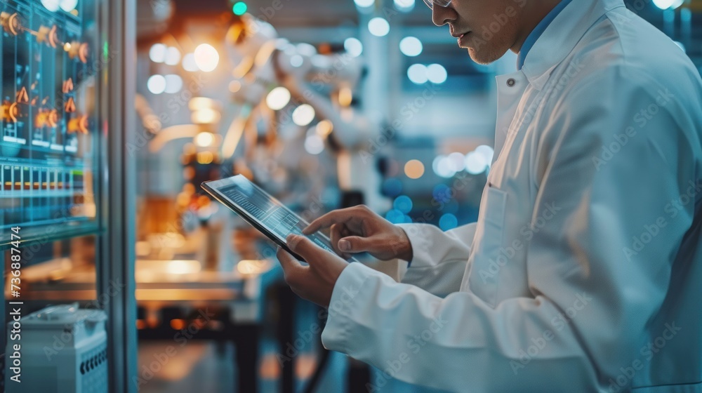 Poster an engineer uses a digital tablet to control a robotic arm in a high-tech industrial environment.