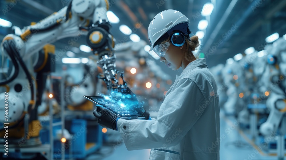 Aufkleber an engineer uses a digital tablet to control a robotic arm in a high-tech industrial environment.