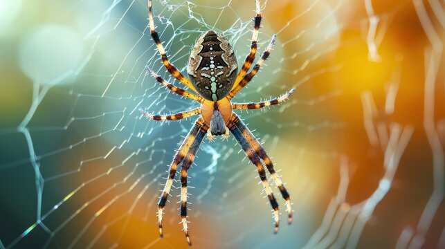  a close up of a spider on it's web in the middle of a blurry image of another spider in the background.