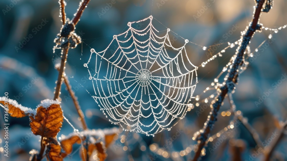 Wall mural a close up of a spider web on a tree branch with water droplets on the spiderwefe's web.