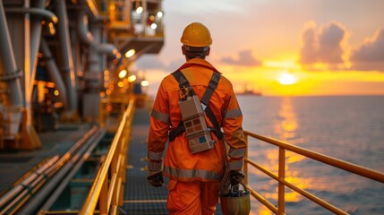 Close up of Offshore oil rig worker walks to an oil and gas facility to work in the process