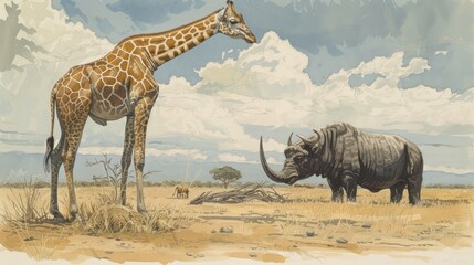  a painting of a giraffe and a rhinoceros in a field with a cloudy sky in the background.