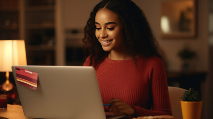 Smiling young African woman shopping online. Laptop, credit card. Spending money concept. Surfing internet shopping online via laptop