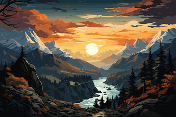 Sunset in the mountains and river landscape scene vector illustrations.