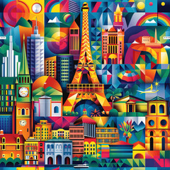 Travel themed collage origami colorful pop art line art scrapbook moodboard seamless repeat pattern, Europe, USA, world 