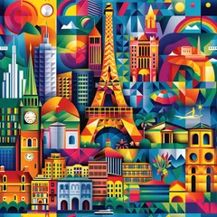Poster Travel themed collage origami colorful pop art line art scrapbook moodboard seamless repeat pattern, Europe, USA, world  © Roman