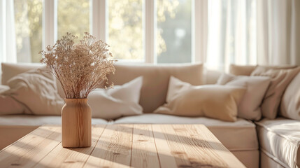 A modern living room, boho style, white furniture, dried flowers and a wooden table.